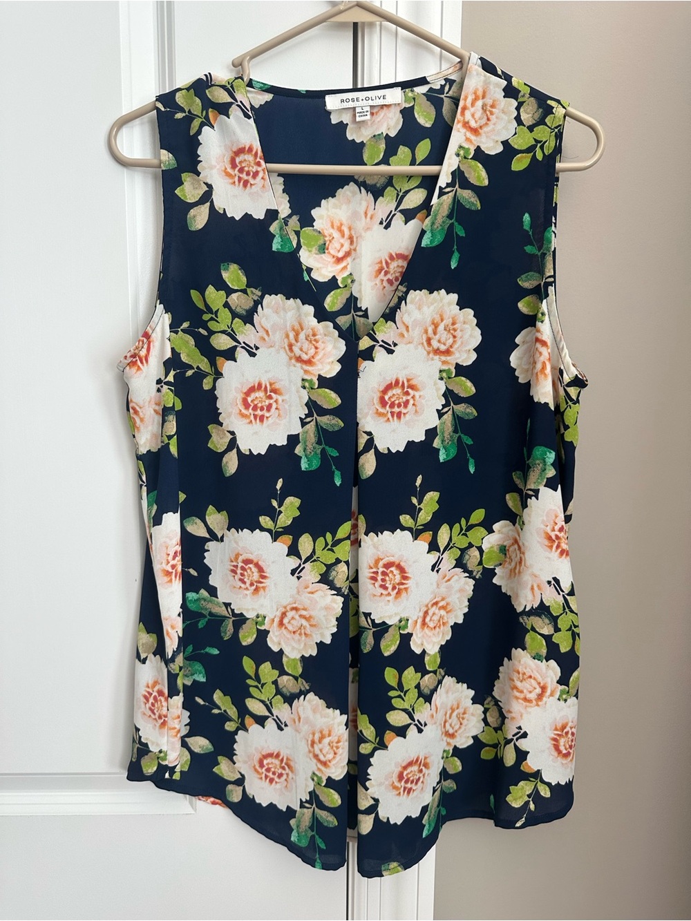 Rose & Olive Navy Floral Sleeveless V-Neck Blouse